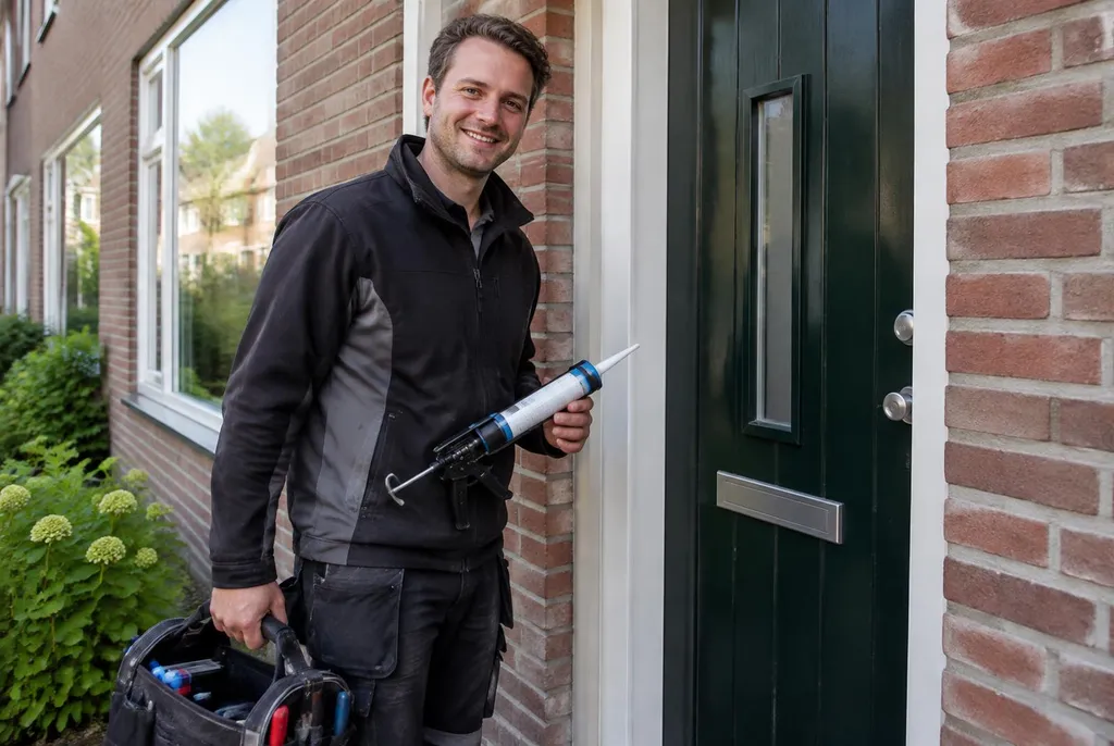 Vakman van Kitbedrijf Hillegom bij de voordeur van een woning